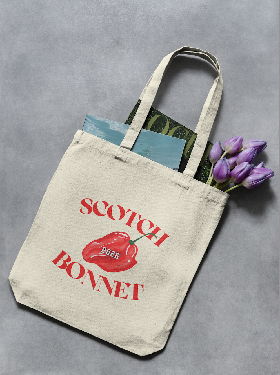 Natural canvas Scotch & Bonnet classic tote bag with red logo and tulips