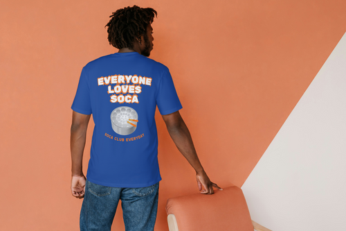 Everyone Loves Soca unisex t-shirt front view in blue